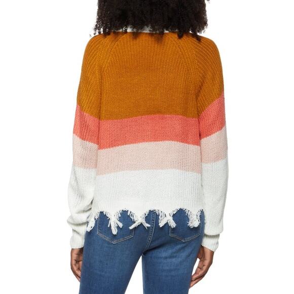 Full Circle Trends Ivory Frayed V Neck Color block Cardigan NWT - Picture 2 of 2